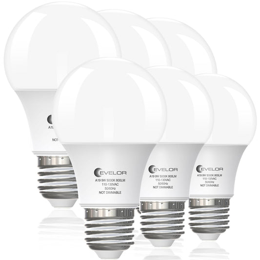 evelor 6-Pack A19 LED Light Bulbs,60 Watt Equivalent Daylight 5000K with E26 Base,Efficient 9W,800 Lumens Non-Dimmable LED Bulbs,15000 Hours, Ideal for Bedroom Living Room