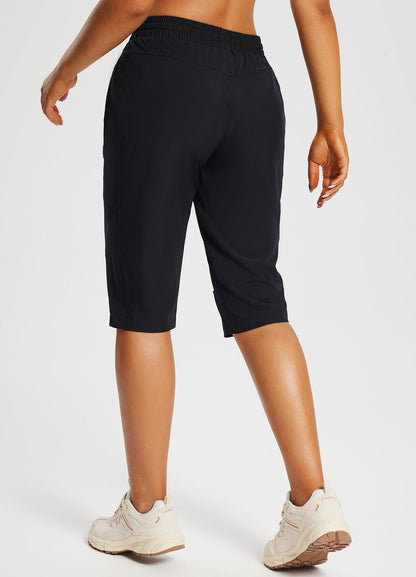 baleaf Women's 15" Long Shorts Below The Knee Capri Hiking Cargo Shorts Lightweight Quick Dry Elastic Waist for Casual Black L