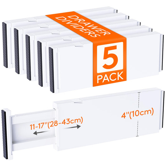 Lifewit 5 Pack 4" High Drawer Dividers 28-43.5cm/11-17" Adjustable Drawer Organizer for Clothes/Utensils, Expandable Drawer Separator in Dresser/Kitchen/Bedroom/Office Organization & Storage White