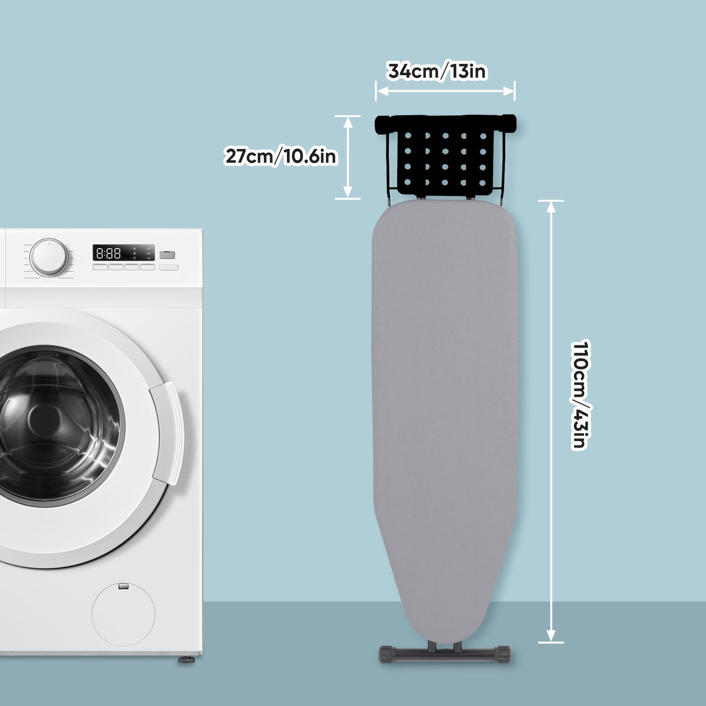 Jakeefud Deluxe Ironing Board with Heat Resistant Cover and Thicken Felt Pad, Heavy Sturdy Legs,Full Size Hanger Iron Board,Foldable (L-Grey)