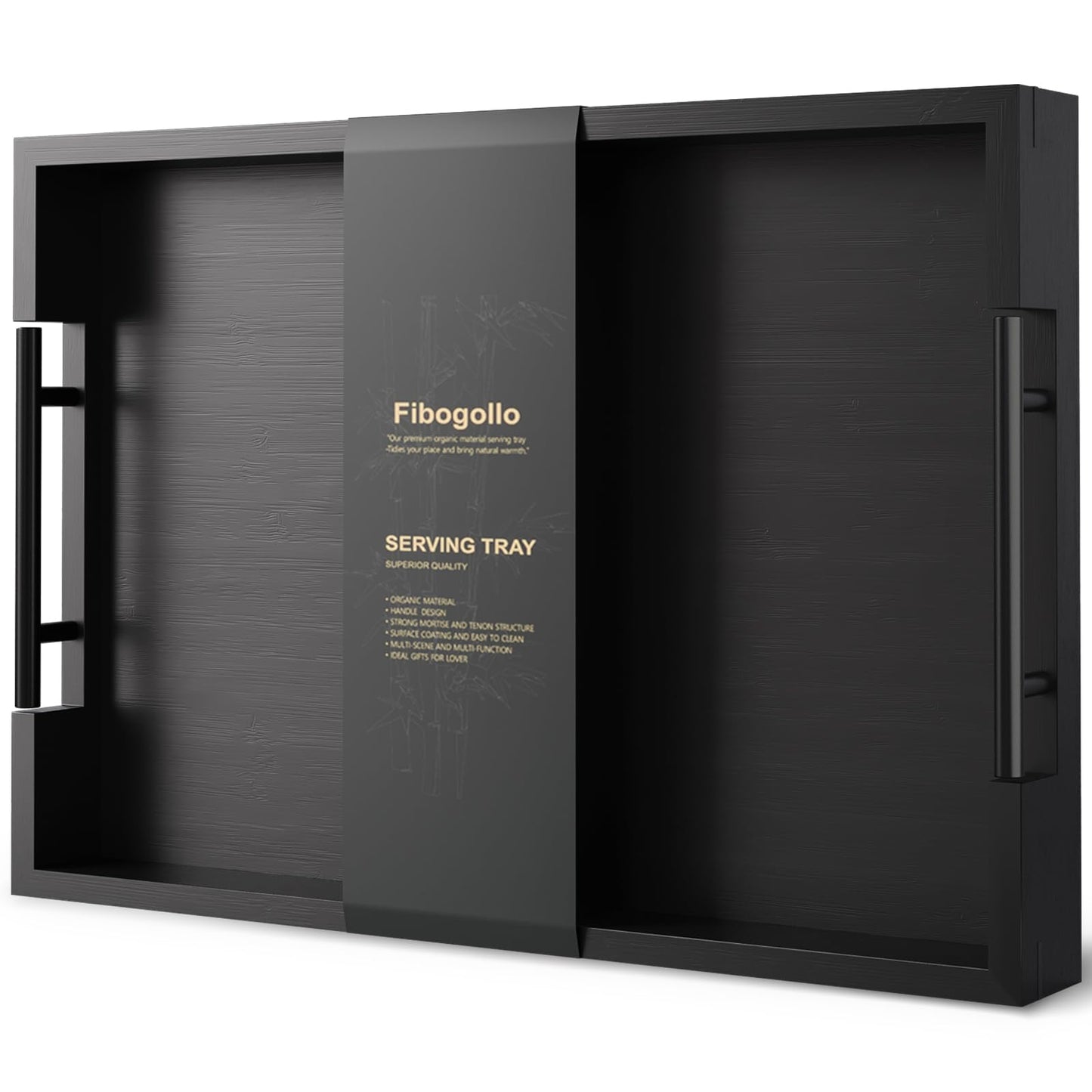 Fibogollo Bamboo Serving Tray with Metal Handles,17x12in Ottoman Decorative Trays Platter for Coffee Table,Living Room,Bar,Party,Large(Black)