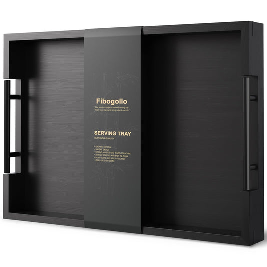 Fibogollo Bamboo Serving Tray with Metal Handles,17x12in Ottoman Decorative Trays Platter for Coffee Table,Living Room,Bar,Party,Large(Black)