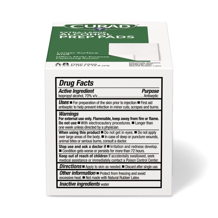 CURAD XL - Sterile Alcohol Prep Pad, 4" x 5.5", Multi-purpose cleaning Action, 48/Box, Carton of 3