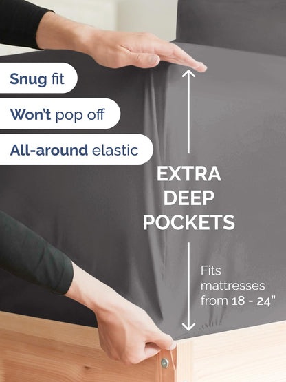Extra Deep Queen Fitted Sheet - Hotel Luxury Single Fitted Sheet Only - Easily Fits 18 inch to 24 inch Mattress - Ultra Soft, Wrinkle & Fade Free w/Extra Deep Pockets - Breathable & Comfy - Dark Grey