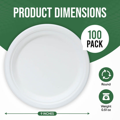 TaidMiao Paper Plates 9 Inches, 100 Pack Disposable Plates For Party – 100% Compostable Plates, Water & Oil Proof Paper Plates, Microwavable Paper Plates Bulk - White