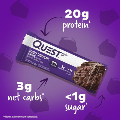 Quest Nutrition Double Chocolate Chunk Protein Bars, 20g Protein, 1g Sugar, 4g Net Carb, Gluten Free, Keto Friendly, 12 Count