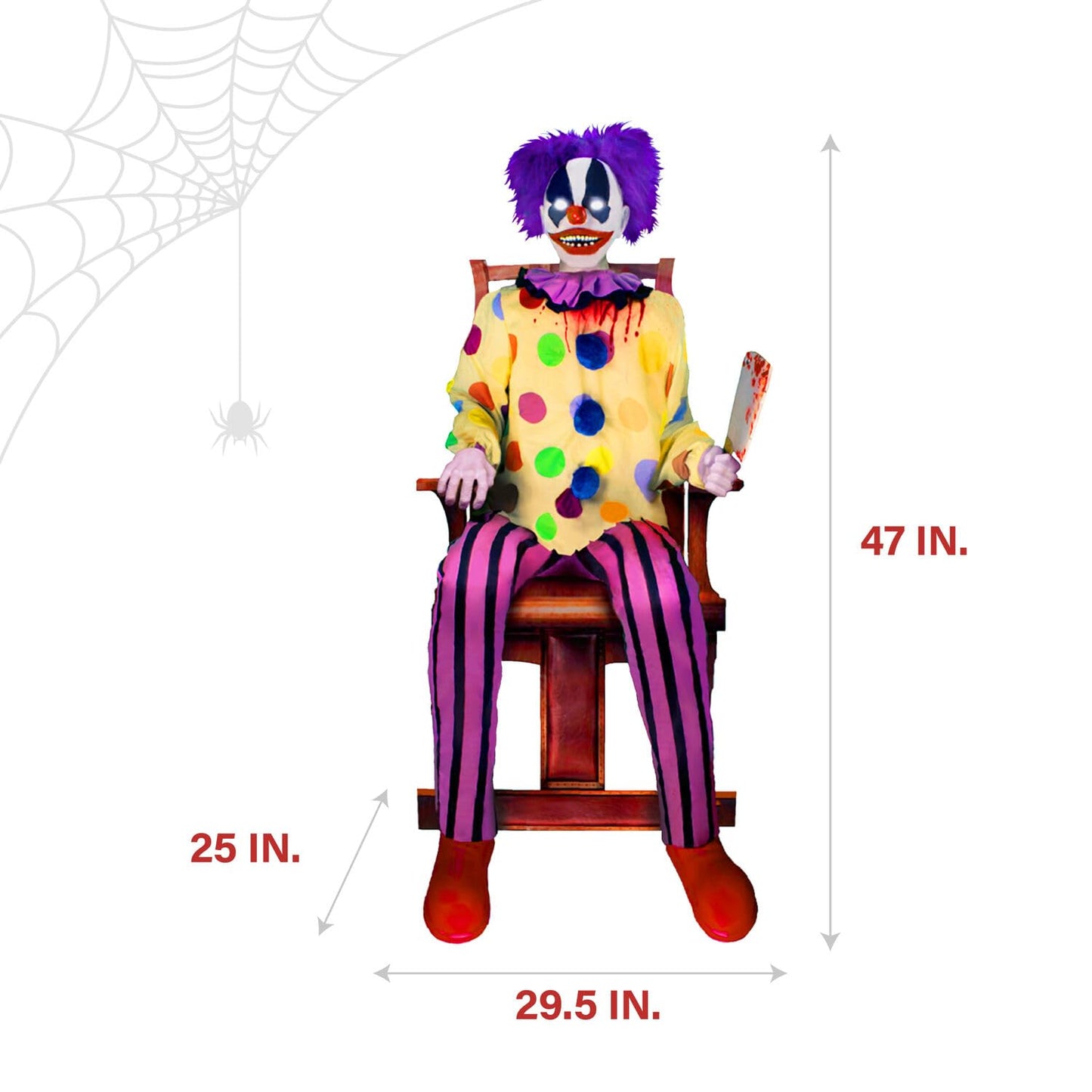 Haunted Hill Farm Motion-Activated Thrashing Clown with a Meat Cleaver by Tekky, Sitting Halloween Animatronic for Indoor or Covered Outdoor Creepy Halloween Decorations, Plug-in or Battery Operated