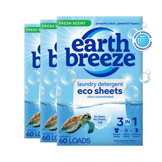 Earth Breeze Laundry Detergent Sheets - 90 Sheets - (3 Pack/30 Each) - 180 Loads - Concentrated Liquidless Laundry Soap - No Plastic Jug - Fresh Scent