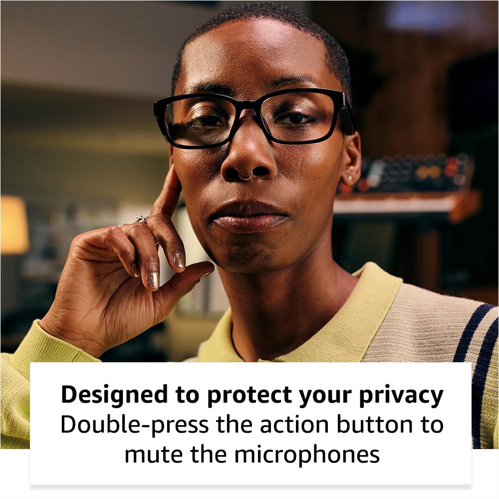 Amazon Echo Frames (newest model), Smart glasses with Alexa+ Early Access, Rectangle frames in Classic Black with blue light filtering lenses