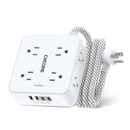 Surge Protector Power Strip - CHCORE 5Ft Braided Extension Cord with 8 Outlets with 4 USB (2 USB C) Charging Ports, Flat Plug Multi Plug Outlet Extender Charging Station for Home Office, ETL, White