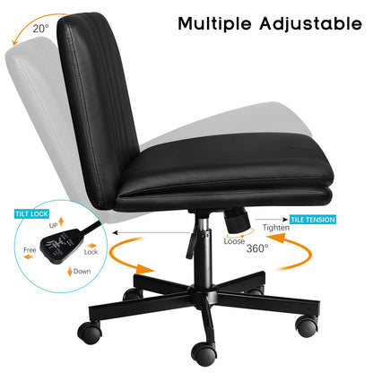 PUKAMI Criss Cross Chair with Wheels,PU Leather Armless Cross Legged Office Vanity Desk Chair for Home Office,Modern Swivel Height Adjustable Wide Seat(Black)