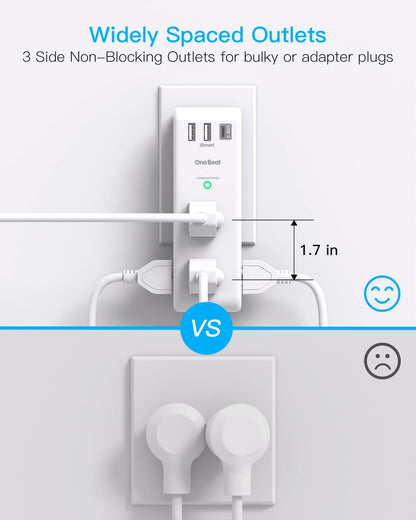 Surge Protector Outlet Extender with Rotating Plug, One Beat 6 AC Multi Plug Outlet with 3 USB Ports (1 USB C), 1800J Wall Charger, 3-Sided Power Strip Spaced Outlet Splitter for Home Office Travel