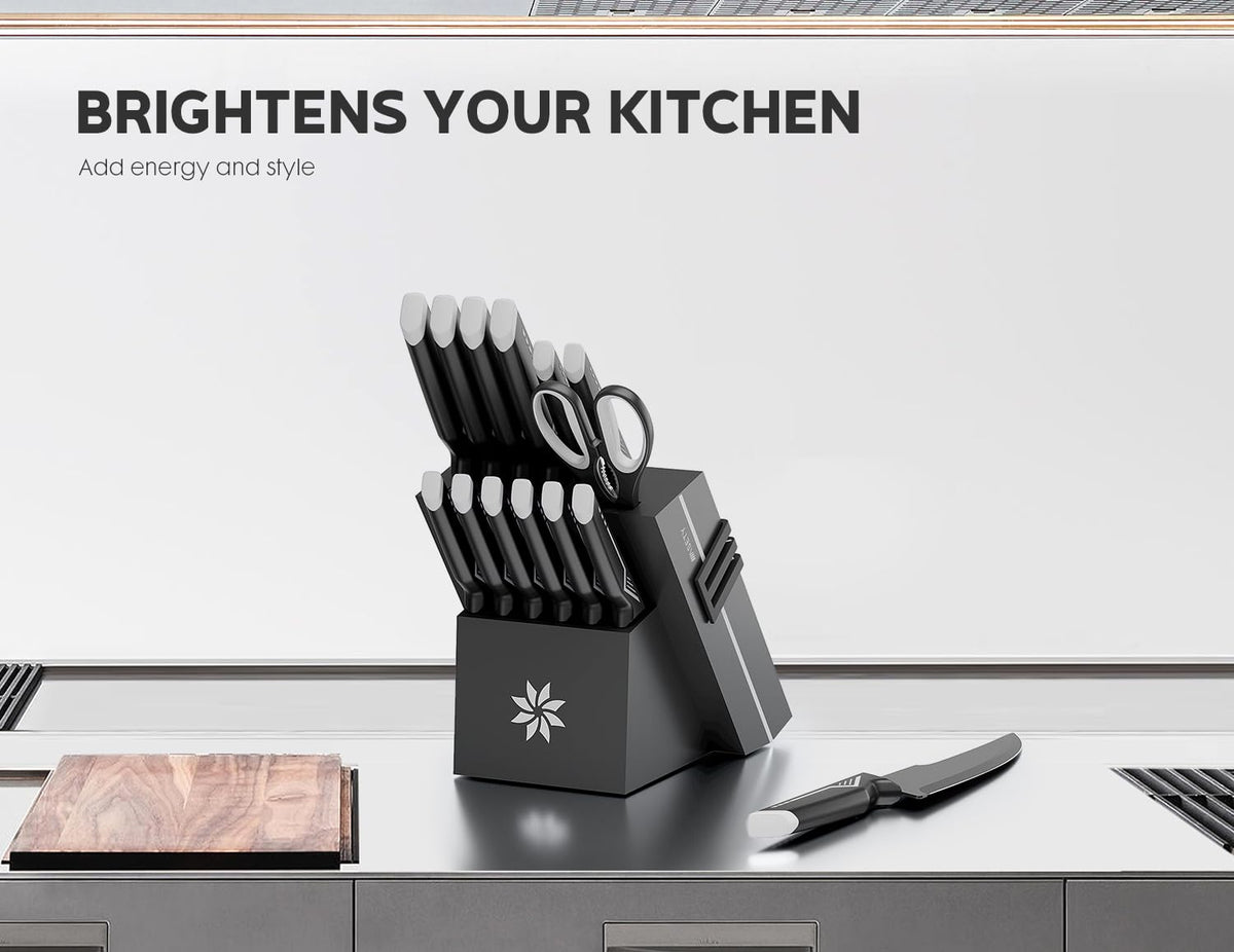 Knife Set - 15 PCS Kitchen Knife Set with Built-in Knife Sharpener Block - Stainless Steel Knife Block Set - Dishwasher Safe, Elegant Box for Men Women, White