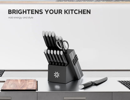 Knife Set - 15 PCS Kitchen Knife Set with Built-in Knife Sharpener Block - Stainless Steel Knife Block Set - Dishwasher Safe, Elegant Box for Men Women, White