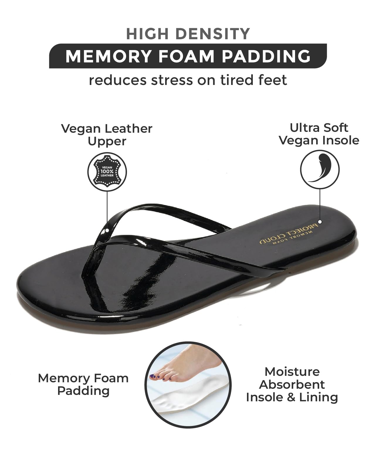 Project Cloud Flip Flops for Women - Memory Foam Flats Summer Sandals for Women 2025 - Vegan Leather Lightweight Womens Sandals Summer Beach Essentials Slides (Foundations, BlkPat, 8)