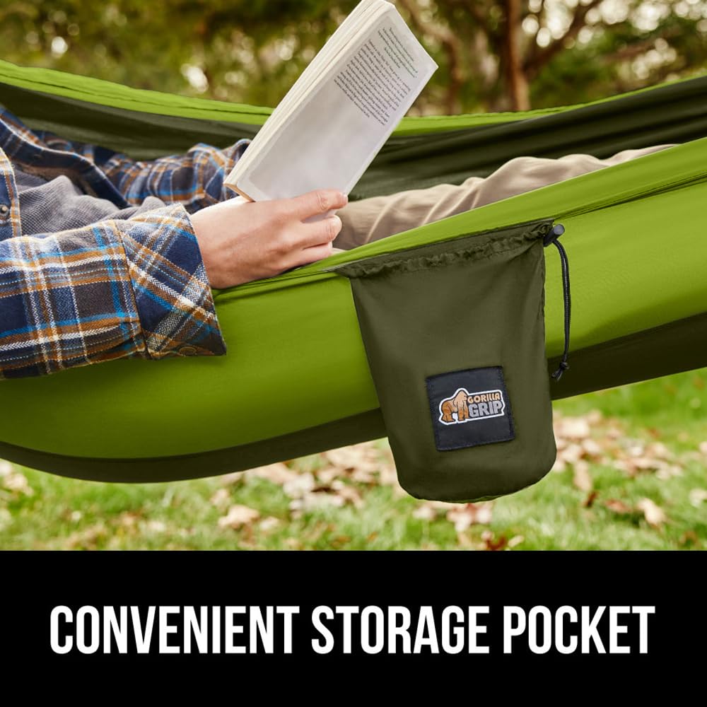 GORILLA GRIP Durable Camping Hammock with Heavy Duty Tree Straps, Portable Hammocks for Outside, Easy to Use Travel Swing Chair, Outdoor Camper Hiker Essentials, Backpacking Gear Gifts, Double, Green