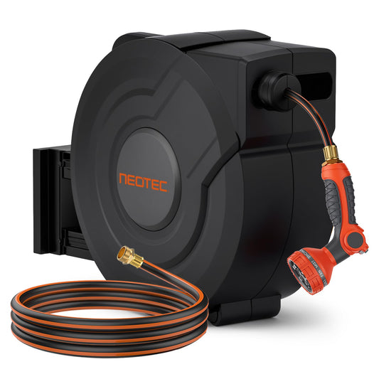 NEOTEC Retractable Garden Hose Reel 1/2 inch x 130ft - Wall Mounted Heavy Duty Hose Reel with 3/4 Inch Brass Fittings & 9-Pattern Nozzle - Auto Rewind System, Any Length Lock, 180° Swivel Bracket