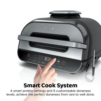 Ninja | Indoor Grill and Air Fryer| Foodi Smart XL | 6-in-1 Grill, Air Fry, Roast, Bake, Broil, Dehydrate & Crisp |Smart Thermometer & Splatter Shield | Dishwasher Safe Parts | Black/Silver | FG551