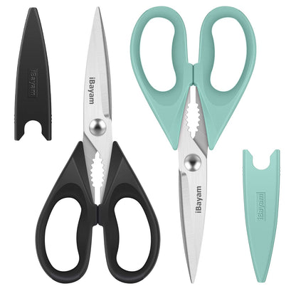 Kitchen Shears, iBayam Kitchen Scissors All Purpose Heavy Duty Meat Poultry Shears, Dishwasher Safe Food Cooking Stainless Steel Utility Scissors, Home Apartment Essentials, 2-Pack, Black, Aqua Sky