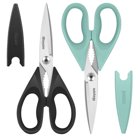 Kitchen Shears, iBayam Kitchen Scissors All Purpose Heavy Duty Meat Poultry Shears, Dishwasher Safe Food Cooking Stainless Steel Utility Scissors, Home Apartment Essentials, 2-Pack, Black, Aqua Sky