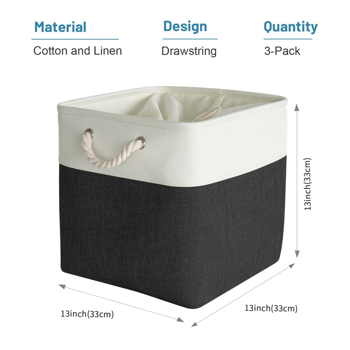 HOdo Home Fabric Storage Bin with Drawstring Closure and 2 Bold Handles, Collapsible Large Canvas Storage Baskets for Organizing Shelf Nursery Home Closet (Black&White, 13L×13W×13H - 3Pack)