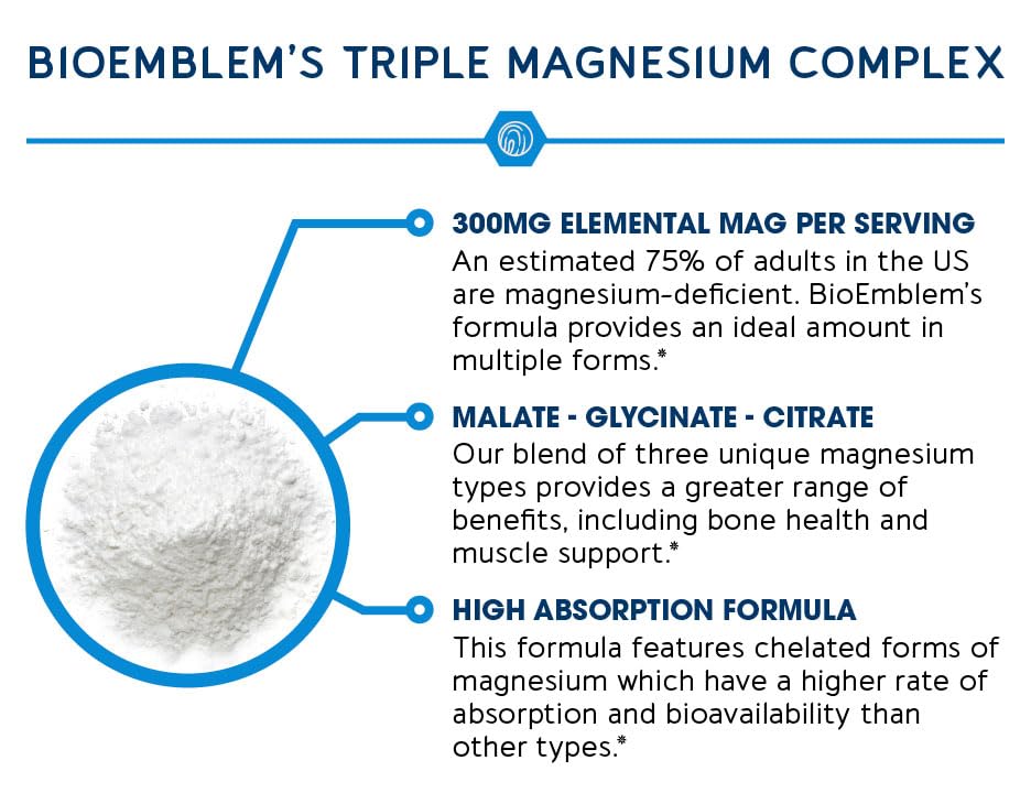 BioEmblem Triple Magnesium Complex | 300mg of Magnesium Glycinate, Malate, & Citrate for Muscles, Nerves, & Energy | High Absorption | Vegan, Non-GMO | 180 Capsules
