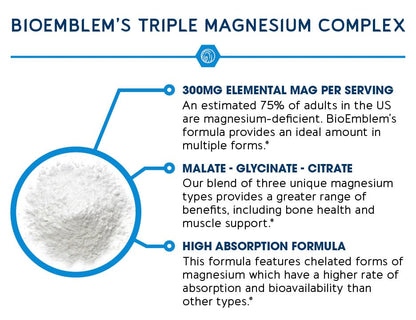 BioEmblem Triple Magnesium Complex | 300mg of Magnesium Glycinate, Malate, & Citrate for Muscles, Nerves, & Energy | High Absorption | Vegan, Non-GMO | 180 Capsules