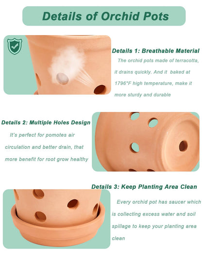 vensovo Terracotta Orchid Pots with Holes and Saucers - Clay Orchid Planter Pots for Repotting, Plant Flower Pots for Orchid Indoor and Outdoor Promotes Air Circulation