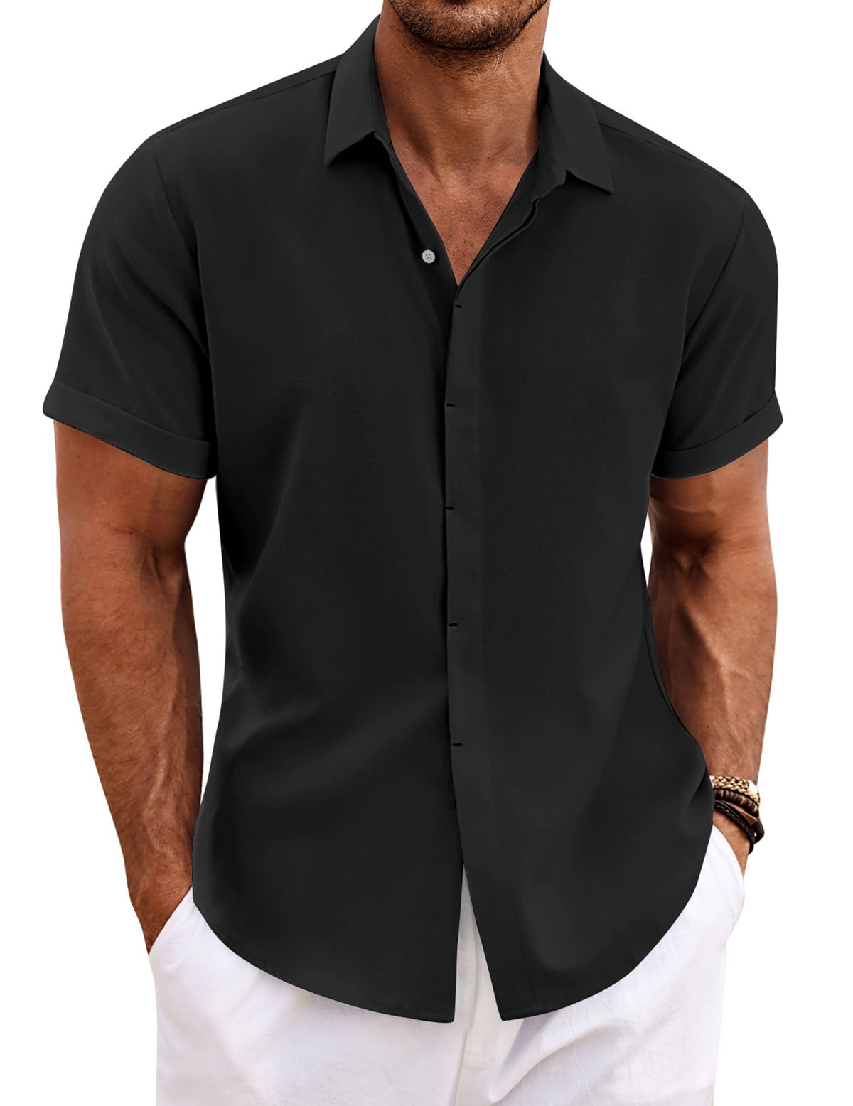COOFANDY Men's Linen Shirts Short Sleeve Casual Shirts Button Down Shirt for Men Beach Summer Wedding Shirt Black