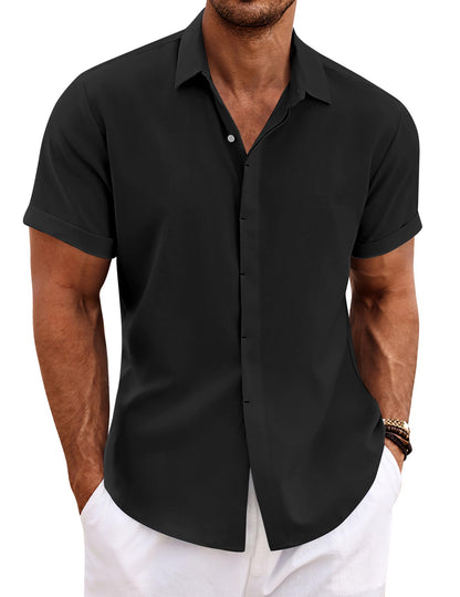 COOFANDY Men's Linen Shirts Short Sleeve Casual Shirts Button Down Shirt for Men Beach Summer Wedding Shirt Black