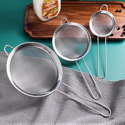 3 Piece Ultra Fine Wire Strainer with Handle, Small Medium Large Sieve Metal Strainer Set, Stainless Steel Sieve Fine Mesh Strainer for Kitchen Rice Juice Quinoa Food Flour Baking