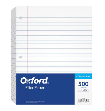 Oxford Loose Leaf Paper, 500 Sheets, College Rule Filler Notebook Paper, 8-1/2" x 11", 3-Hole Punched Fits 3-Ring Binders (62349)