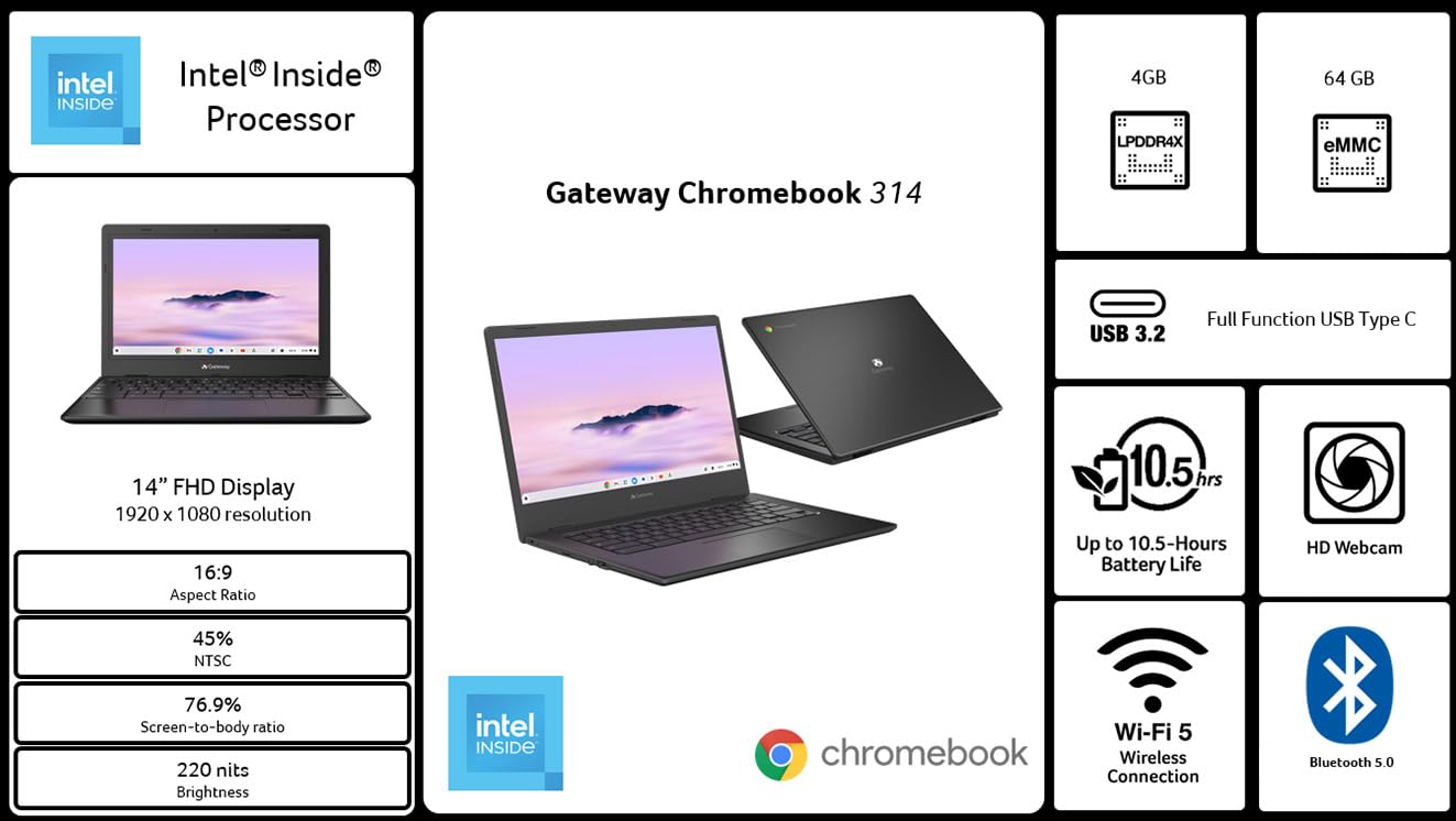 acer Gateway Chromebook 314 CBO314-1H-C476 Laptop | Intel Celeron N4500 | 14" Full HD (1920 x 1080) Display | 4GB LPDDR4X | 64GB eMMC | Wi-Fi 5 802.11ac | Chrome OS | Star Black