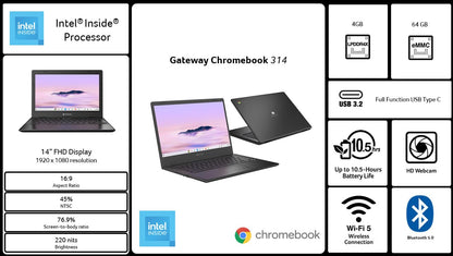 acer Gateway Chromebook 314 CBO314-1H-C476 Laptop | Intel Celeron N4500 | 14" Full HD (1920 x 1080) Display | 4GB LPDDR4X | 64GB eMMC | Wi-Fi 5 802.11ac | Chrome OS | Star Black