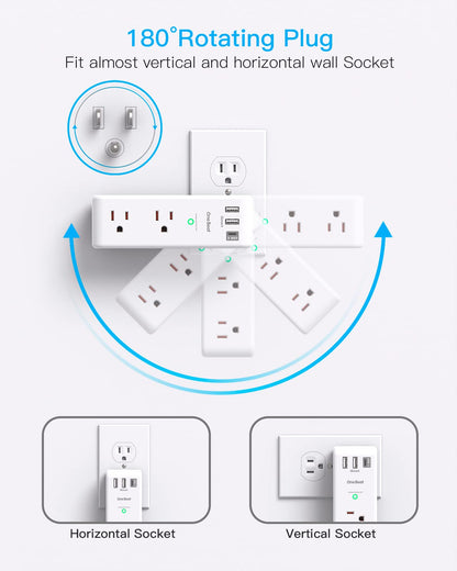 Surge Protector Outlet Extender with Rotating Plug, One Beat 6 AC Multi Plug Outlet with 3 USB Ports (1 USB C), 1800J Wall Charger, 3-Sided Power Strip Spaced Outlet Splitter for Home Office Travel