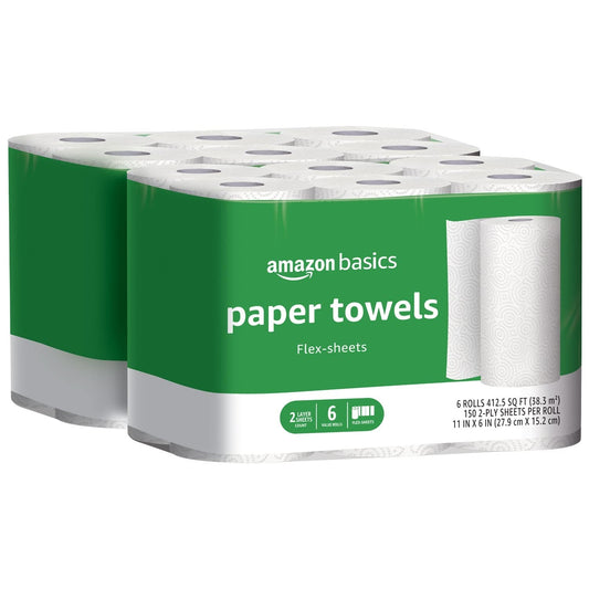 Amazon Basics 2-Ply Flex-Sheets Paper Towels, 12 Basics Rolls = 40 Regular Rolls, Everyday Value with 150 Sheets per Roll, Packaging May Vary