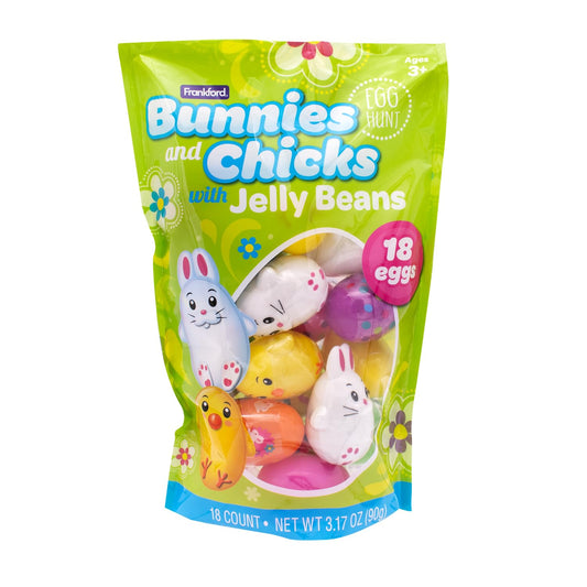 Frankford 18 Count Prefilled Plastic Eggs with Candy Jelly Beans- Assorted Bunnies, Chicks, and Patterned Eggs, Easter Basket Stuffers for Kids Girls Boys