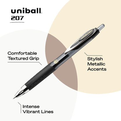 uni-ball® 207™ Retractable Fraud Prevention Gel Pens, Micro Point, 0.5 mm, Black Barrels, Black Ink, Pack Of 12