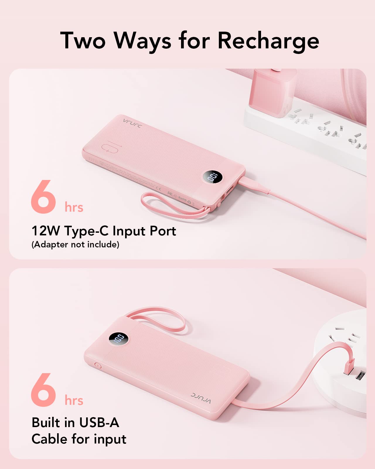 VRURC Portable Charger Power Bank, 10000mAh Travel Essentials Battery Pack, Compact Charging Bank Built-in Cables Cords Compatible with iPhone 17 Pro 17 16 15 14 13, Samsung Phones-Pink(1 Pack)