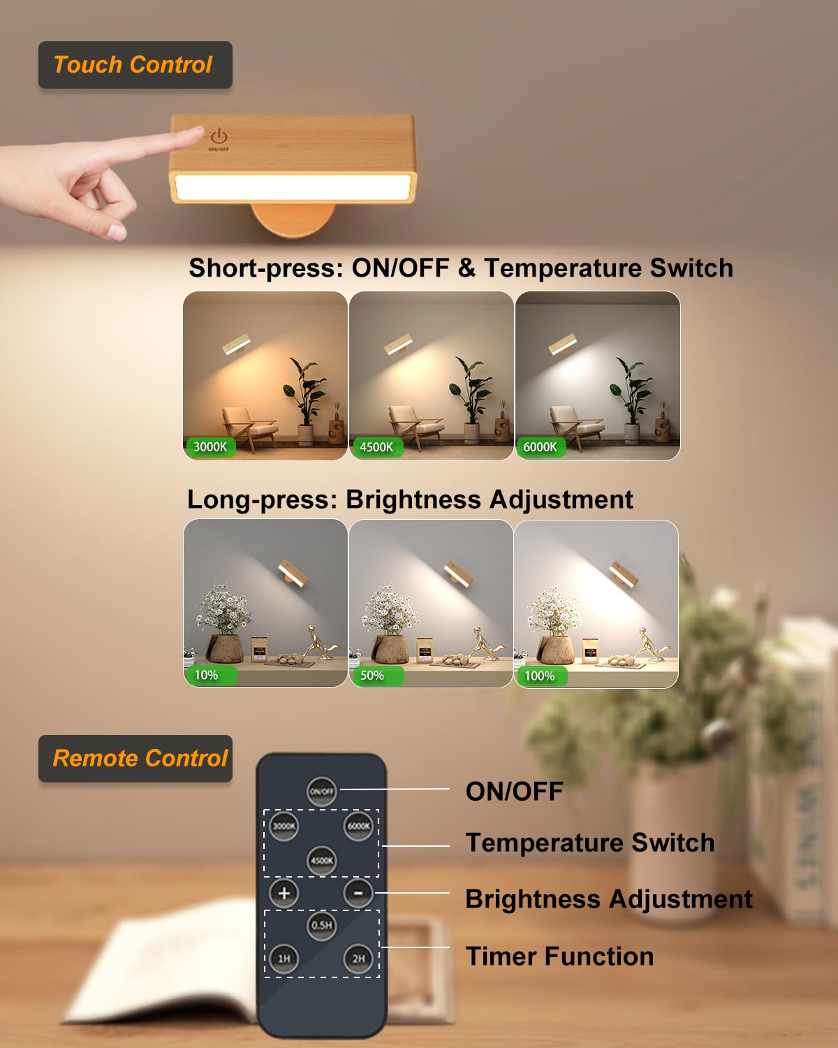 DetarZinLED Wooden Wall Sconce Battery Operated with Remote,Rechargeable Wall Lights for Bedroom with 3 Color Temperature, Magnetic, Stick-On, Dimmable Wall Reading Lights (Beech Wood, 2Pack-Remote)