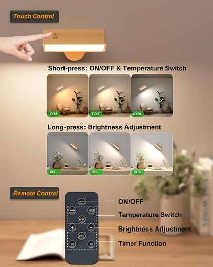 DetarZinLED Wooden Wall Sconce Battery Operated with Remote,Rechargeable Wall Lights for Bedroom with 3 Color Temperature, Magnetic, Stick-On, Dimmable Wall Reading Lights (Beech Wood, 2Pack-Remote)