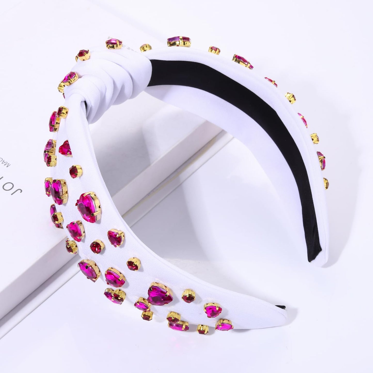 YAHPERN Valentine’s Day Headband for Women Red Pink Heart Knotted Headband Jeweled Rhinestone Crystal Wide Top Knot Hairband Valentine’s Day Hair Accessories Holiday Gifts (Crystal Heart 2)