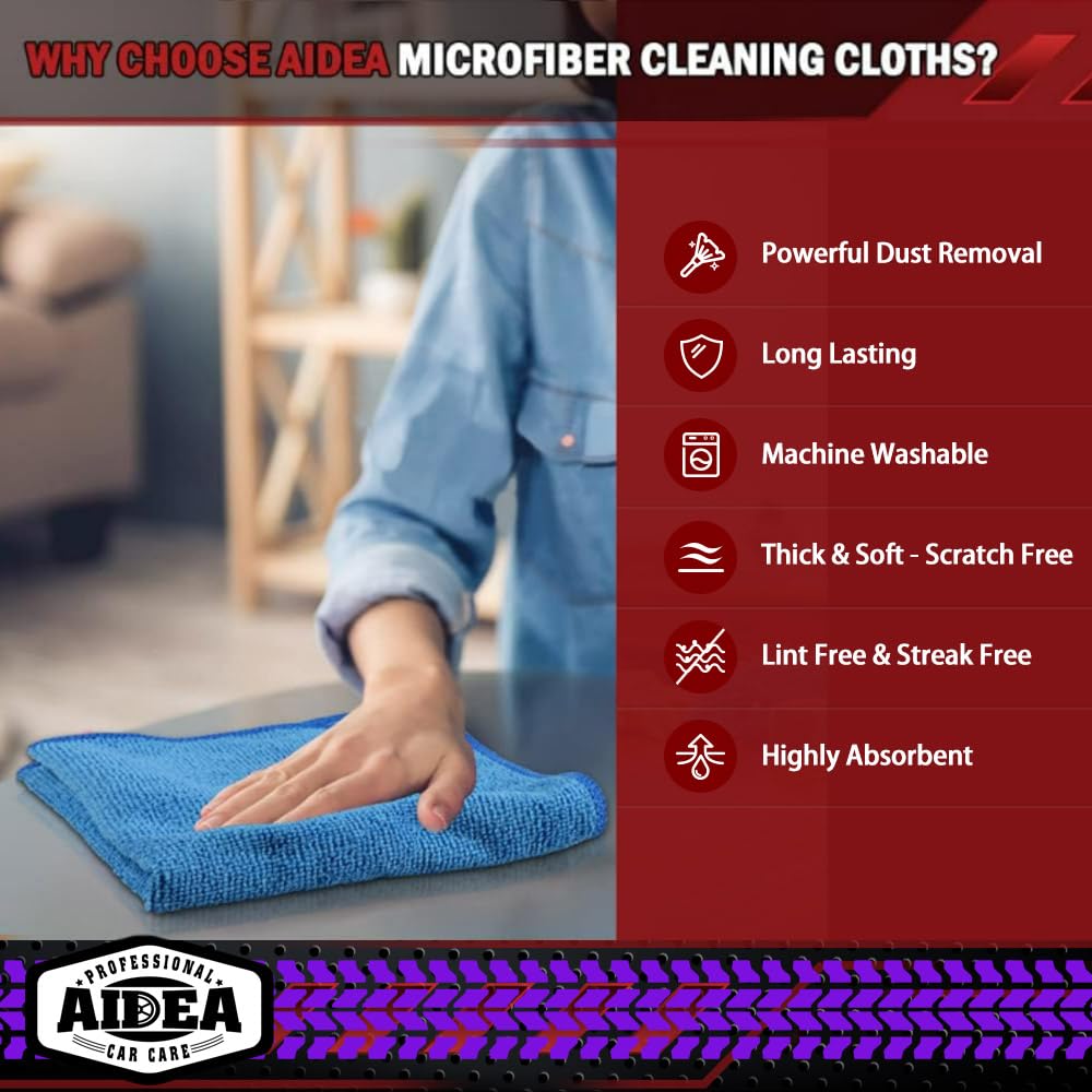 AIDEA Microfiber Cleaning Cloths, 50PK, Microfiber Towels for Cars, Premium All Purpose Car Cloth, Dusting Cloth Cleaning Rags, Absorbent Towels for SUVs, House, Kitchen, Window, 12"×12"