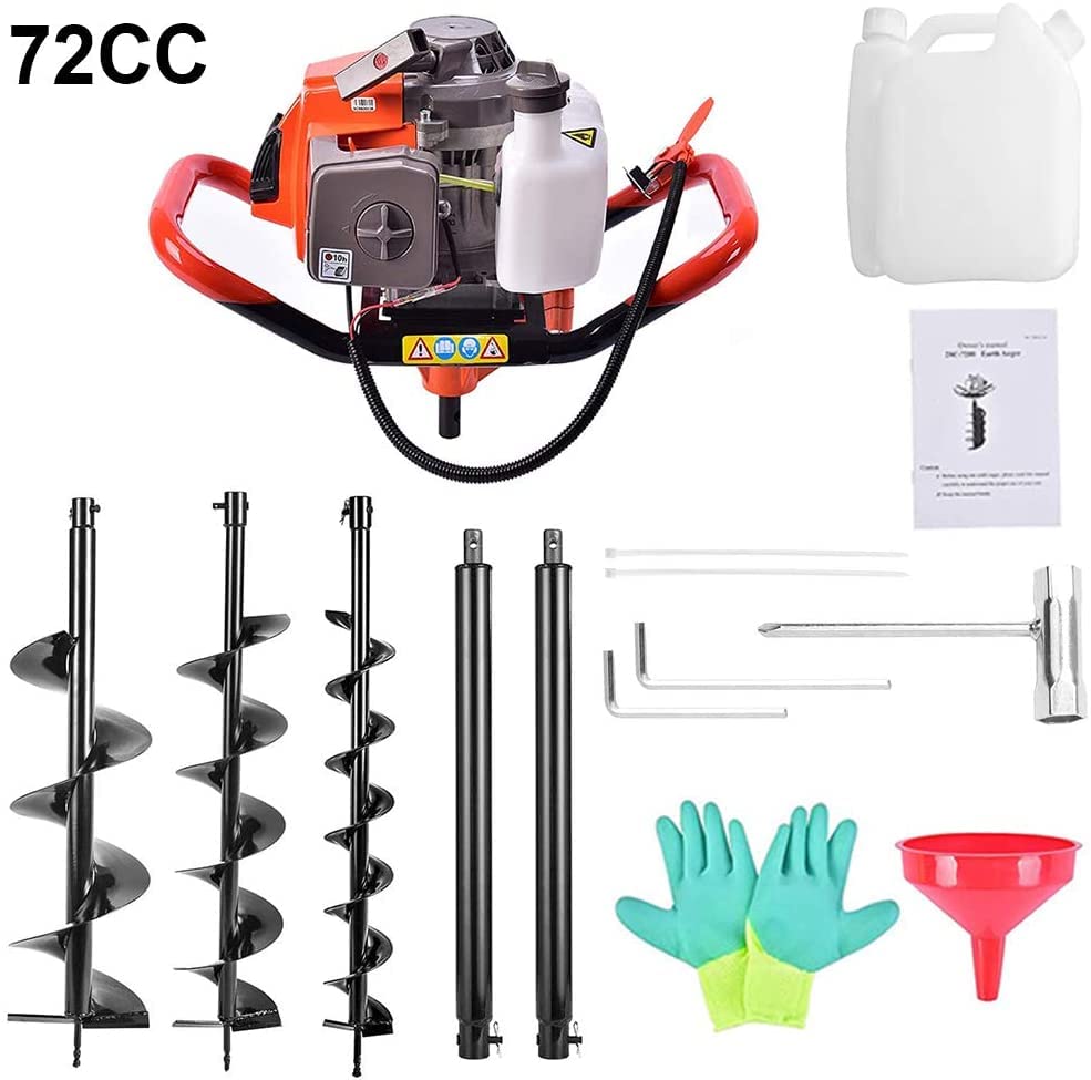 PRIJESSE 72cc Post Hole Digger 2-Stroke Petrol Gas Powered Earth Digger with 2 Extension Rods + 3 Auger Drill Bits (4" 8" & 12") for Farm Garden Plant…