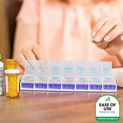 Ezy Dose Weekly (7-Day) Pill Organizer, Vitamin and Medicine Box, 2X-Large Push Button Compartments, 4 Times a Day, Clear Lids
