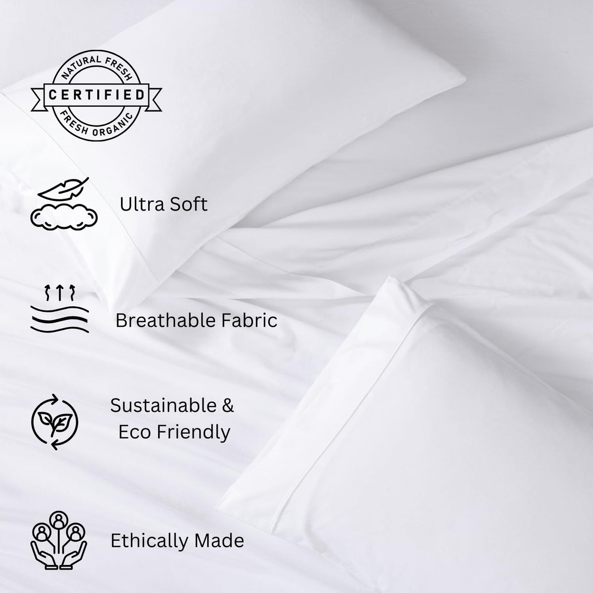 LANE LINEN Eco Friendly 100% Organic Cotton Queen Sheet Set, Soft & Comfy Fully Elasticized 15" Deep Pocket Bed Sheets, Low Pill Naturally Cooling Machine Wash Sábanas Queen- White Bed Sheets