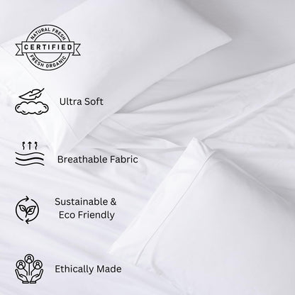 LANE LINEN Eco Friendly 100% Organic Cotton Queen Sheet Set, Soft & Comfy Fully Elasticized 15" Deep Pocket Bed Sheets, Low Pill Naturally Cooling Machine Wash Sábanas Queen- White Bed Sheets