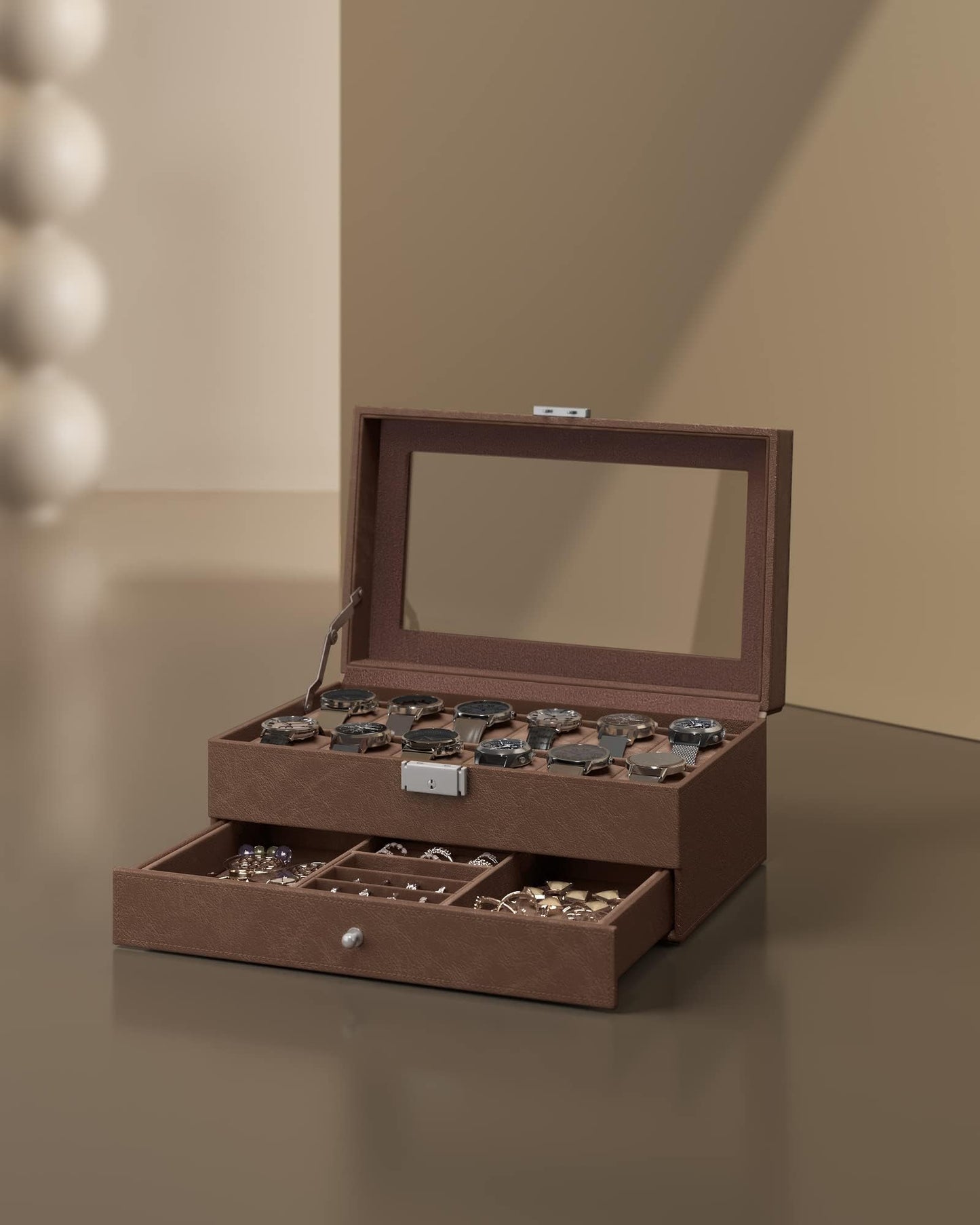 SONGMICS 12-Slot Watch Box, Lockable Watch Case with Glass Lid, 2 Layers, with 1 Drawer for Rings, Bracelets, Gift Idea, Brown Synthetic Leather, Brown Lining UJWB012K01