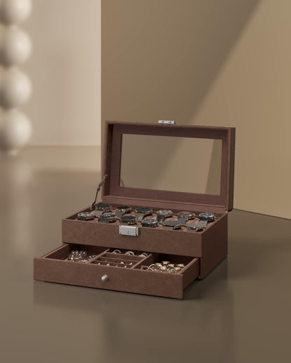 SONGMICS 12-Slot Watch Box, Lockable Watch Case with Glass Lid, 2 Layers, with 1 Drawer for Rings, Bracelets, Gift Idea, Brown Synthetic Leather, Brown Lining UJWB012K01
