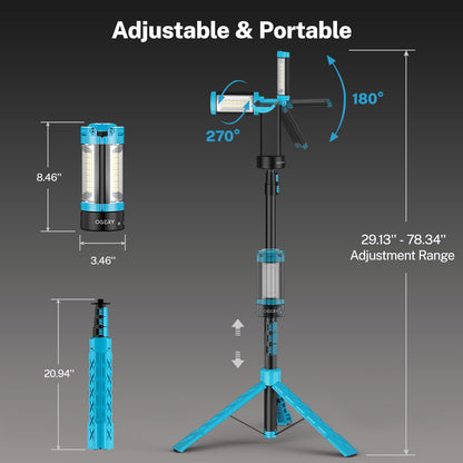 OGERY Rechargeable 10000mAh Camping Light with Stand 6.5 ft Max Height, Cordless Work Light with 3 LED Lamp Heads, 2200 Lumens Camping Essentials Gear Emergency Flashlight with Detachable Tripod